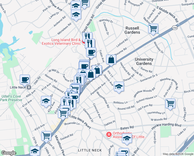 map of restaurants, bars, coffee shops, grocery stores, and more near 4511 Westminster Road in Great Neck