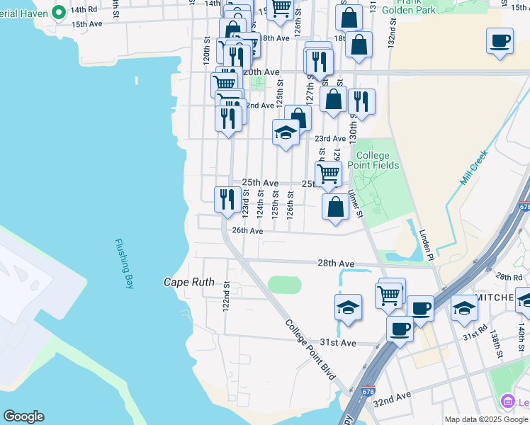 map of restaurants, bars, coffee shops, grocery stores, and more near 25-19 125th Street in Queens