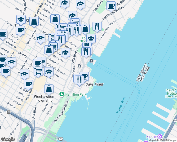 map of restaurants, bars, coffee shops, grocery stores, and more near in Weehawken