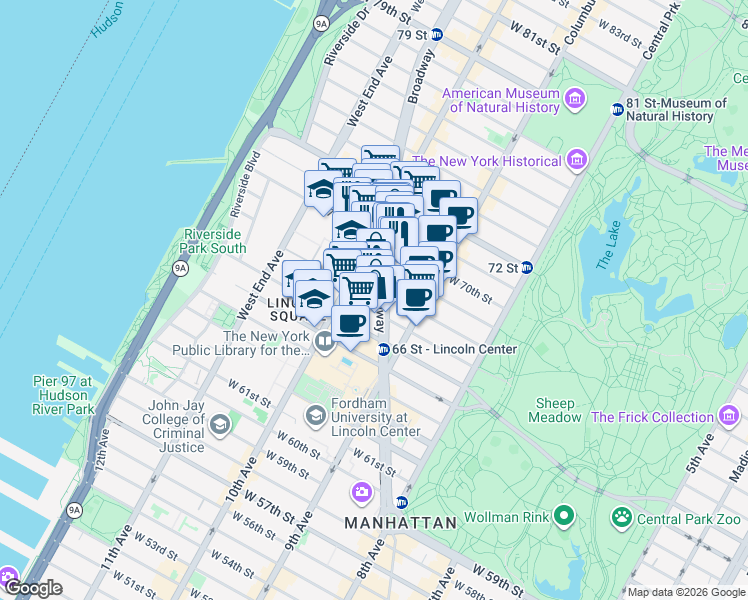 map of restaurants, bars, coffee shops, grocery stores, and more near 179 West 68th Street in New York