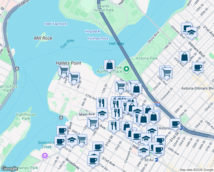 map of restaurants, bars, coffee shops, grocery stores, and more near 25-40 Shore Boulevard in Queens
