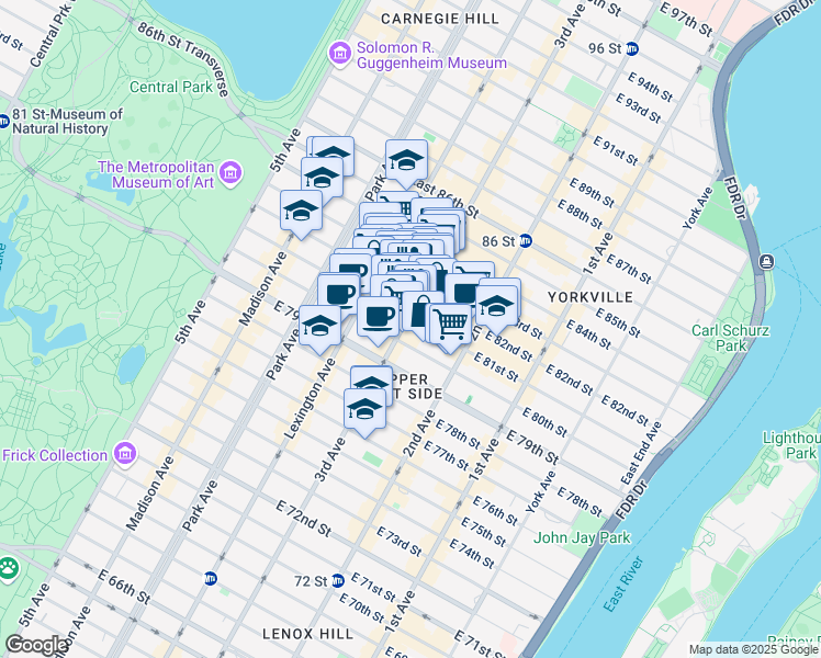 map of restaurants, bars, coffee shops, grocery stores, and more near 1445 3rd Avenue in New York