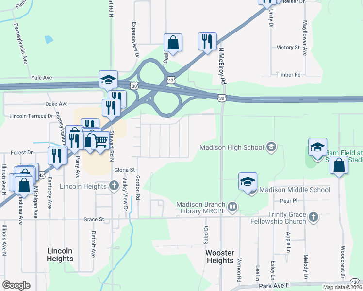 map of restaurants, bars, coffee shops, grocery stores, and more near 678 Champion Road in Mansfield