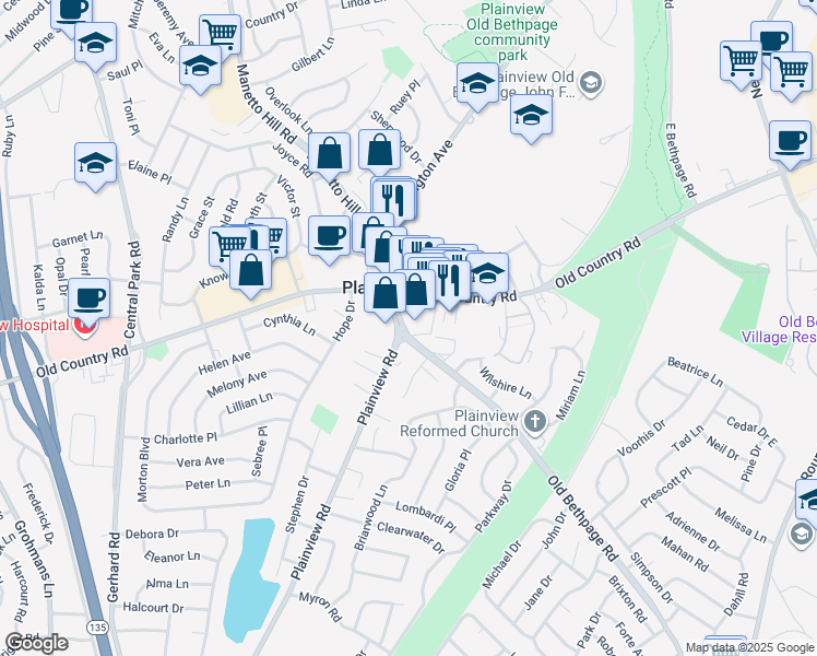 map of restaurants, bars, coffee shops, grocery stores, and more near 1105 Old Country Road in Plainview