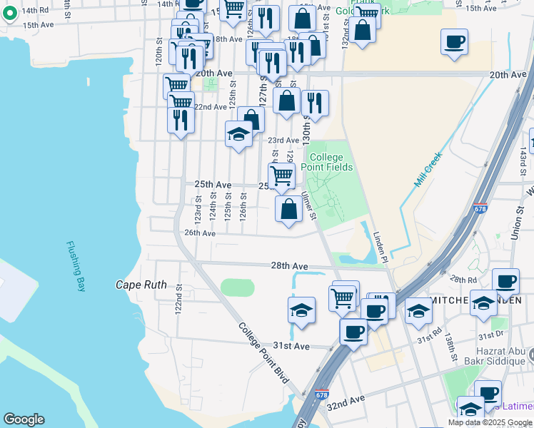 map of restaurants, bars, coffee shops, grocery stores, and more near 25-10 Ulmer Street in Queens
