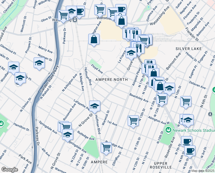 map of restaurants, bars, coffee shops, grocery stores, and more near in Bloomfield
