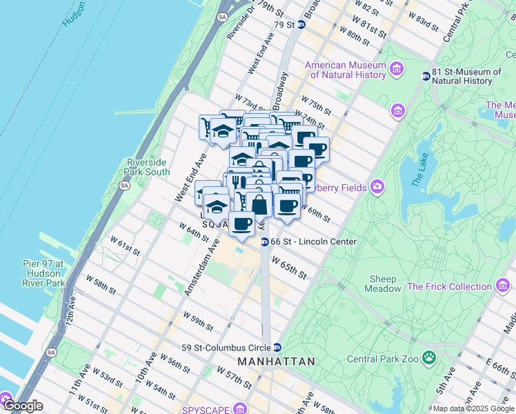 map of restaurants, bars, coffee shops, grocery stores, and more near 1991 Broadway in New York