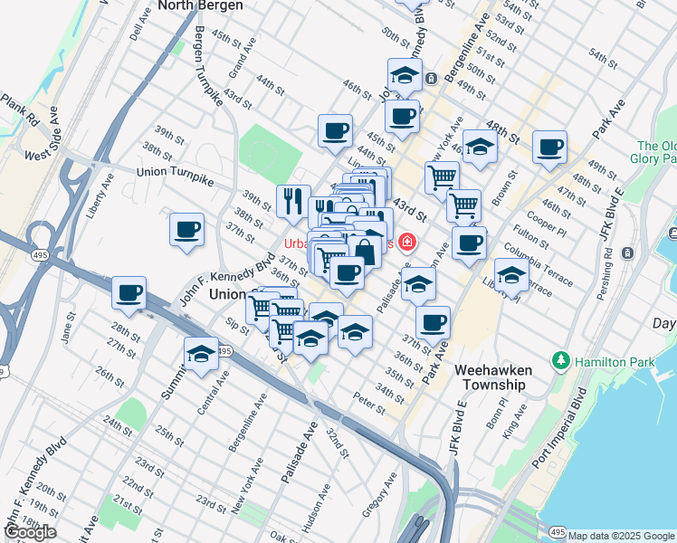 map of restaurants, bars, coffee shops, grocery stores, and more near 4005 Bergenline Avenue in Union City