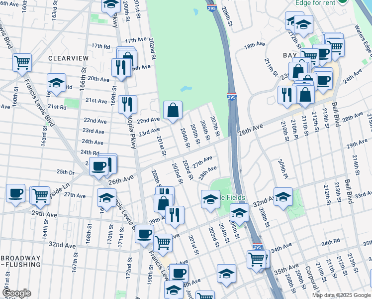 map of restaurants, bars, coffee shops, grocery stores, and more near 23-58 205th Street in Queens