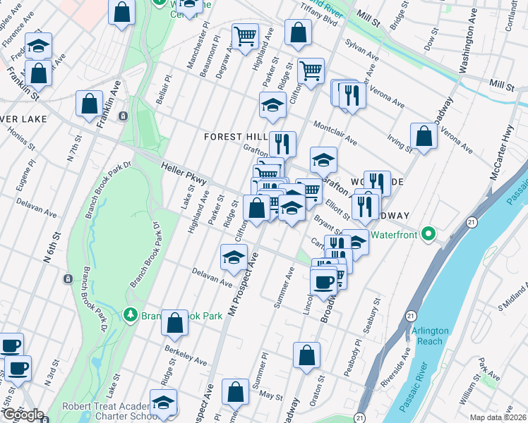map of restaurants, bars, coffee shops, grocery stores, and more near 690 Mount Prospect Avenue in Newark