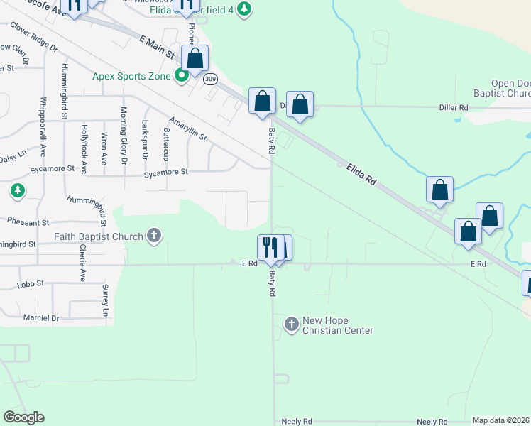 map of restaurants, bars, coffee shops, grocery stores, and more near 2600-2622 Baty Rd in Lima