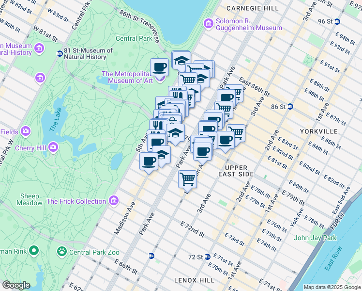 map of restaurants, bars, coffee shops, grocery stores, and more near 1045 Madison Avenue in New York