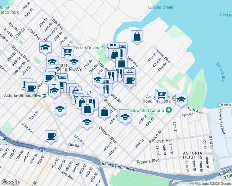 map of restaurants, bars, coffee shops, grocery stores, and more near 20-15 Steinway Street in Queens