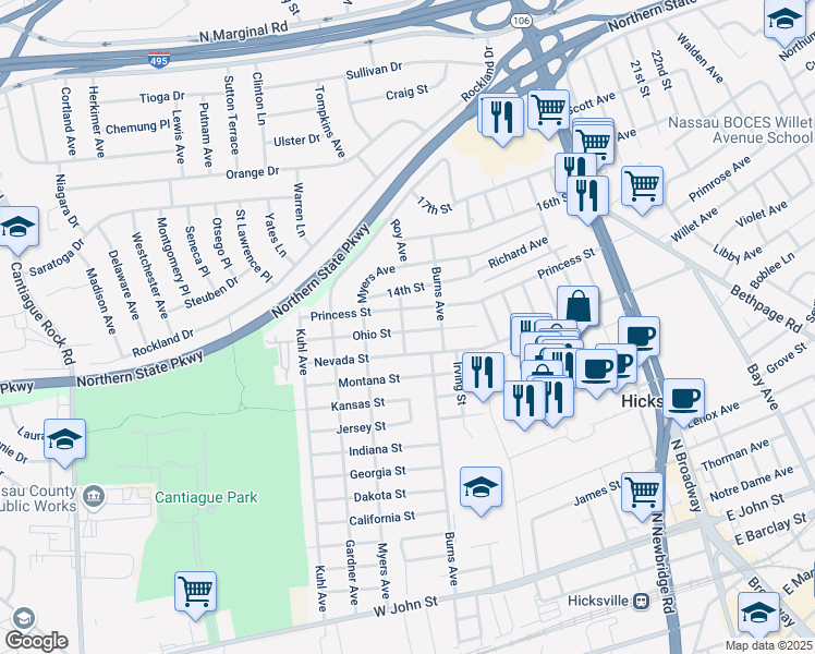map of restaurants, bars, coffee shops, grocery stores, and more near 188 Ohio Street in Hicksville