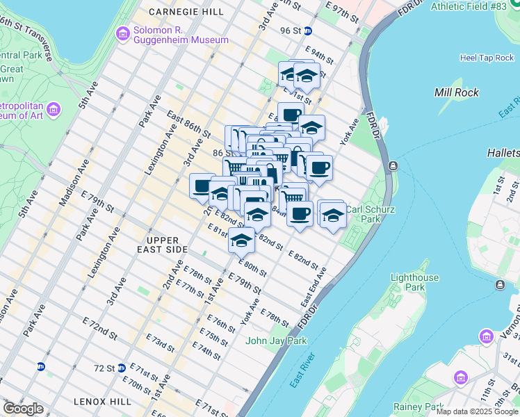 map of restaurants, bars, coffee shops, grocery stores, and more near 1601 1st Avenue in New York