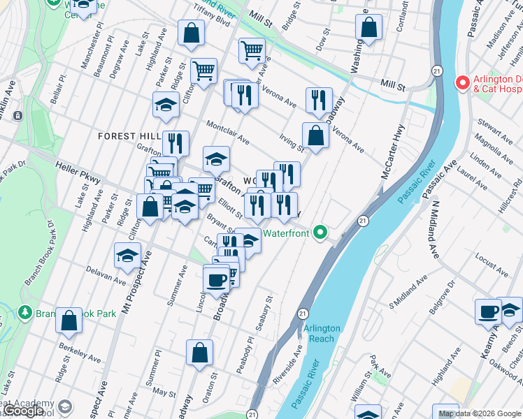 map of restaurants, bars, coffee shops, grocery stores, and more near 22 Halleck Street in Newark