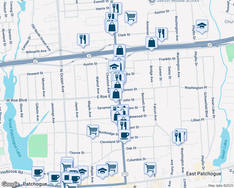 map of restaurants, bars, coffee shops, grocery stores, and more near 244 New York 112 in East Patchogue