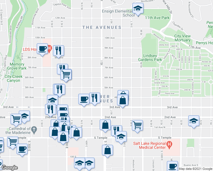 map of restaurants, bars, coffee shops, grocery stores, and more near 286 I Street in Salt Lake City