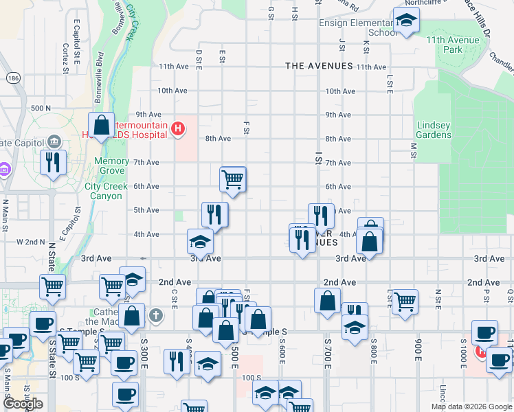 map of restaurants, bars, coffee shops, grocery stores, and more near 284 F Street East in Salt Lake City