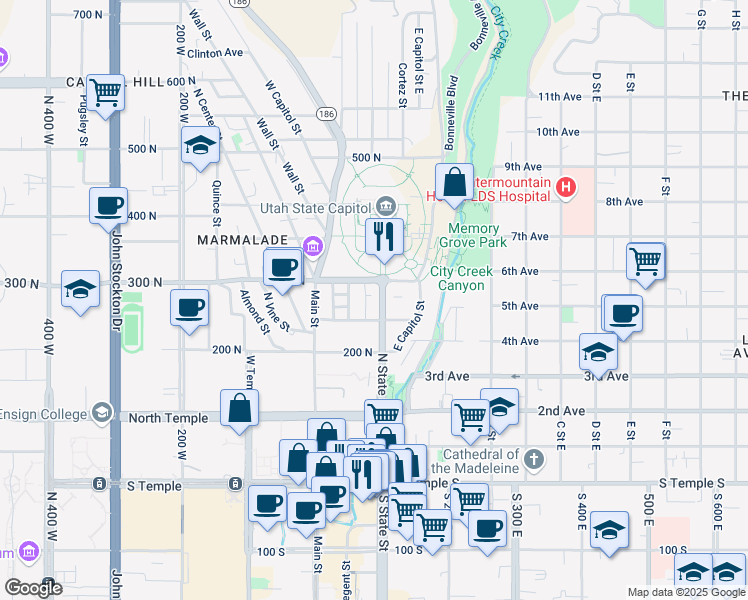map of restaurants, bars, coffee shops, grocery stores, and more near 420 State Street in Salt Lake City