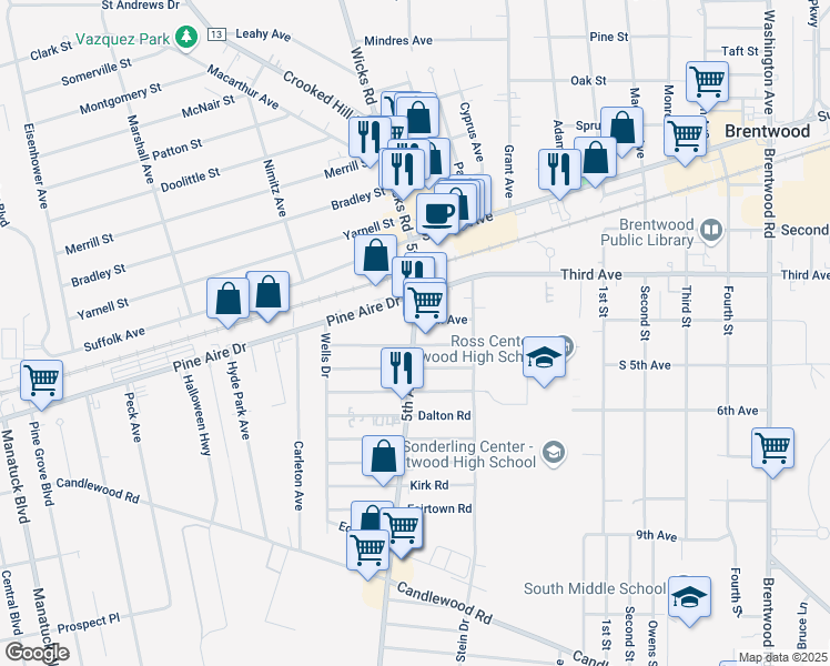 map of restaurants, bars, coffee shops, grocery stores, and more near 1846 5th Avenue in Bay Shore