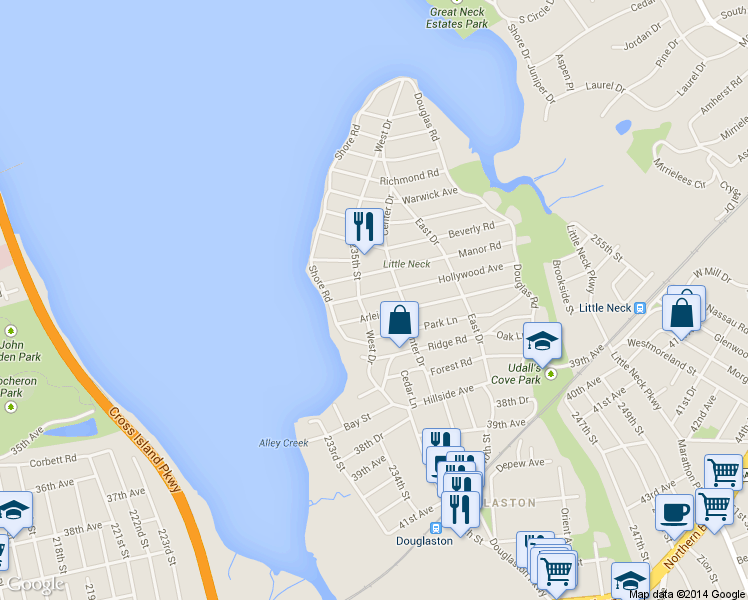 map of restaurants, bars, coffee shops, grocery stores, and more near 120 Manor Road in Queens