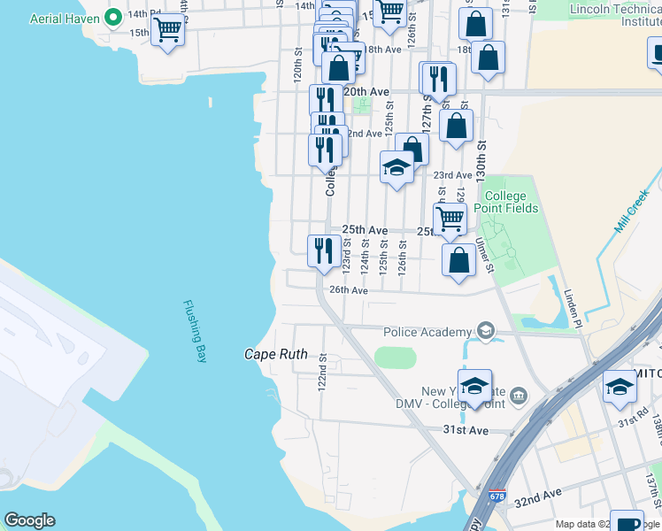 map of restaurants, bars, coffee shops, grocery stores, and more near 25-30 College Point Boulevard in Queens