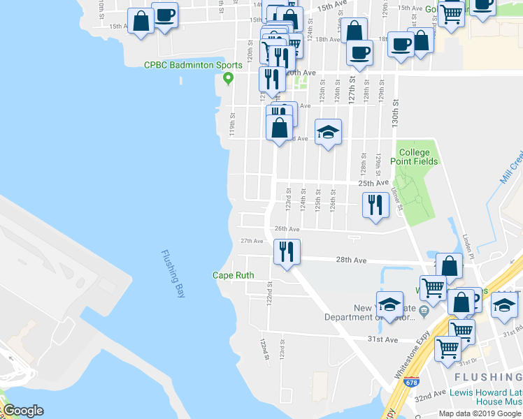 map of restaurants, bars, coffee shops, grocery stores, and more near 25-30 College Point Boulevard in Queens