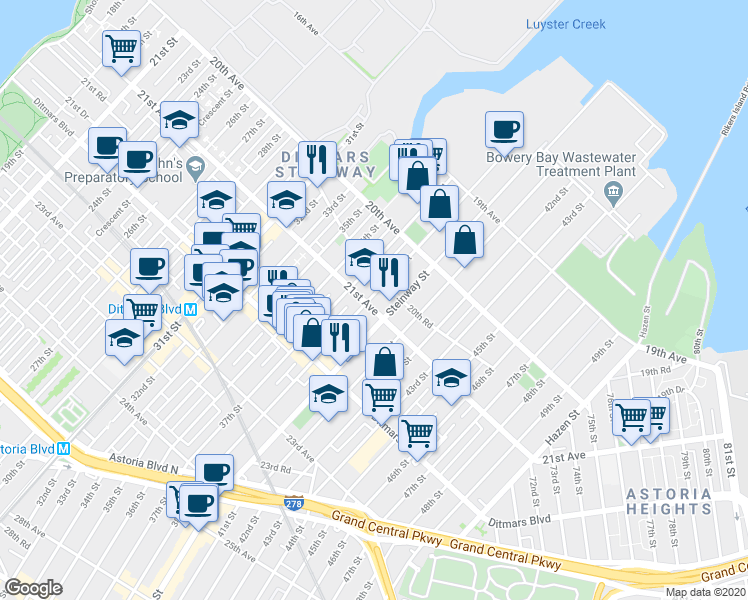 map of restaurants, bars, coffee shops, grocery stores, and more near 38-01 20th Road in Queens