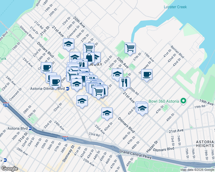 map of restaurants, bars, coffee shops, grocery stores, and more near 21-12 36th Street in Queens