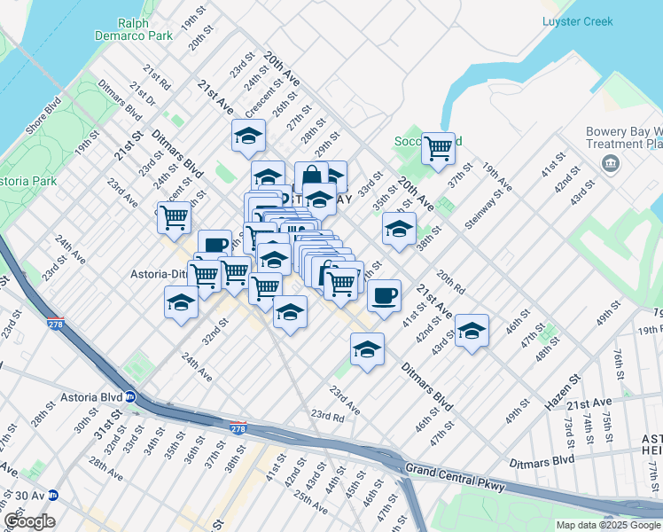 map of restaurants, bars, coffee shops, grocery stores, and more near 21-38 35th Street in Queens