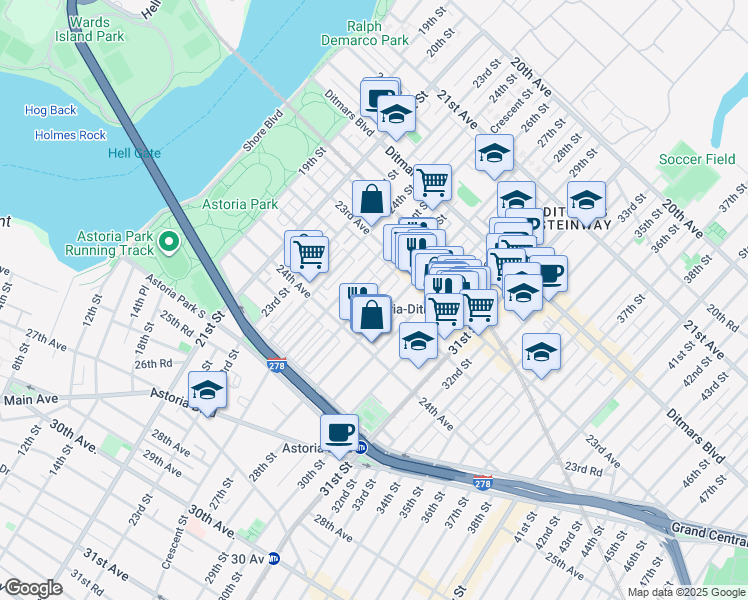 map of restaurants, bars, coffee shops, grocery stores, and more near 23-32 26th Street in Queens
