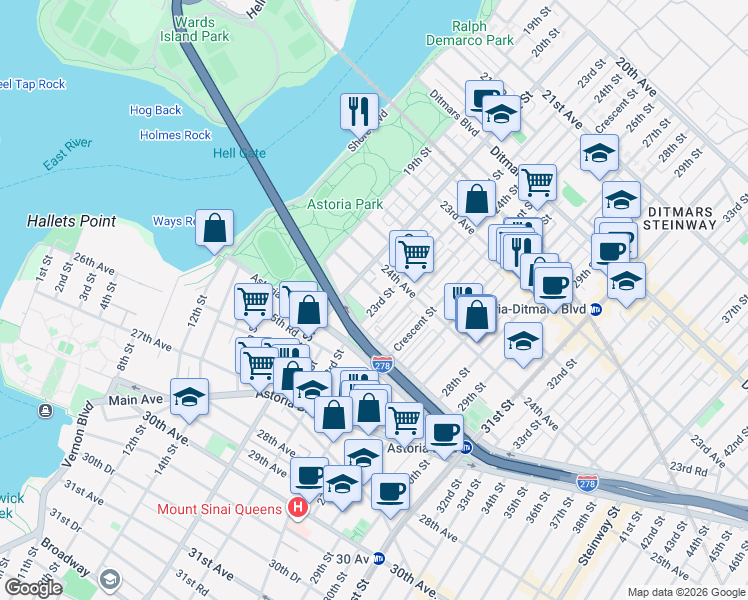 map of restaurants, bars, coffee shops, grocery stores, and more near in Queens