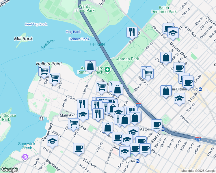 map of restaurants, bars, coffee shops, grocery stores, and more near 18-10 Astoria Park South in Queens
