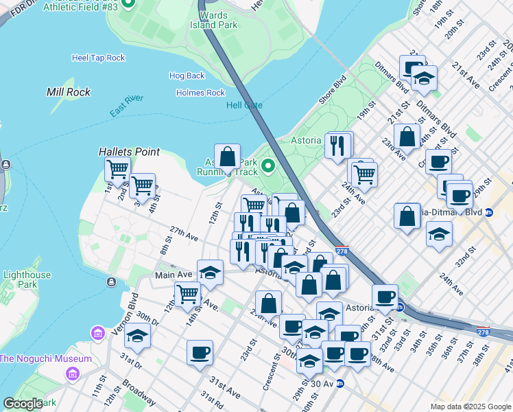 map of restaurants, bars, coffee shops, grocery stores, and more near 14-36 Astoria Park South in Queens