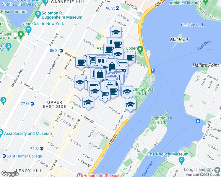 map of restaurants, bars, coffee shops, grocery stores, and more near 425 East 85th Street in New York