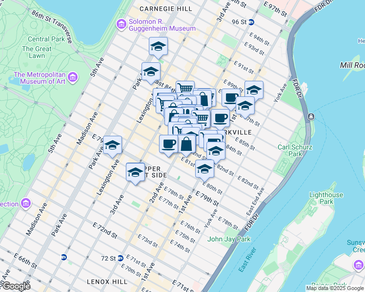 map of restaurants, bars, coffee shops, grocery stores, and more near 305 East 82nd Street in New York