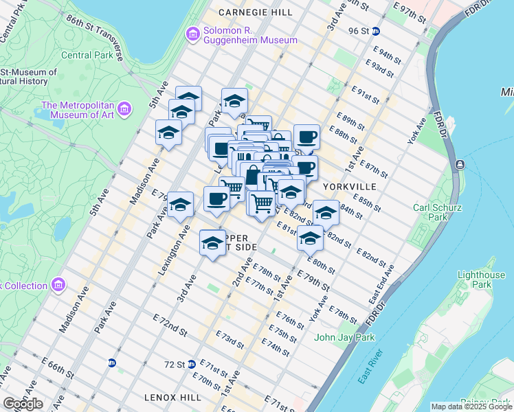 map of restaurants, bars, coffee shops, grocery stores, and more near 225 East 82nd Street in New York