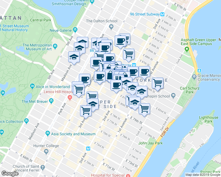 map of restaurants, bars, coffee shops, grocery stores, and more near 225 East 82nd Street in New York