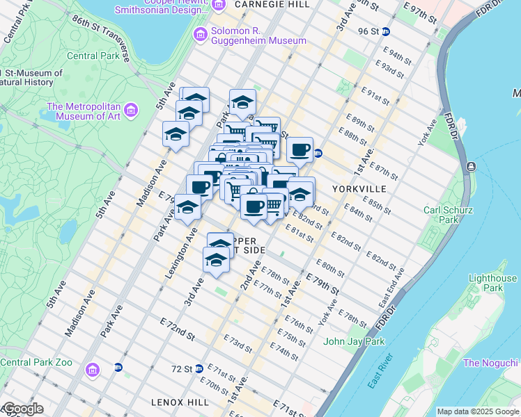 map of restaurants, bars, coffee shops, grocery stores, and more near 1445 3rd Avenue in New York