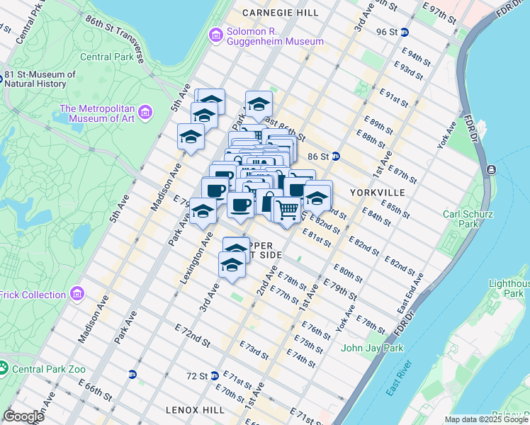 map of restaurants, bars, coffee shops, grocery stores, and more near 1445 3rd Avenue in New York