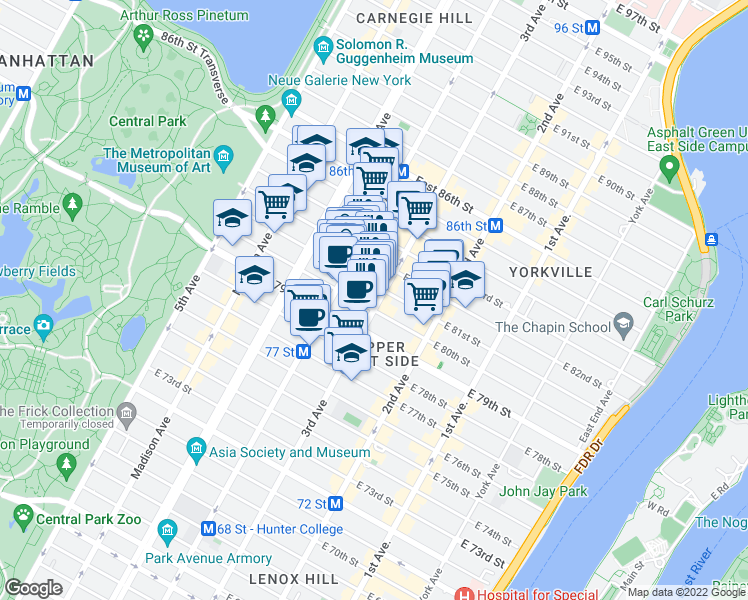 map of restaurants, bars, coffee shops, grocery stores, and more near in New York