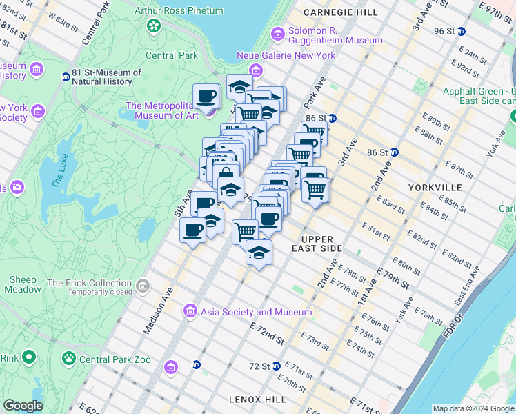 map of restaurants, bars, coffee shops, grocery stores, and more near in New York
