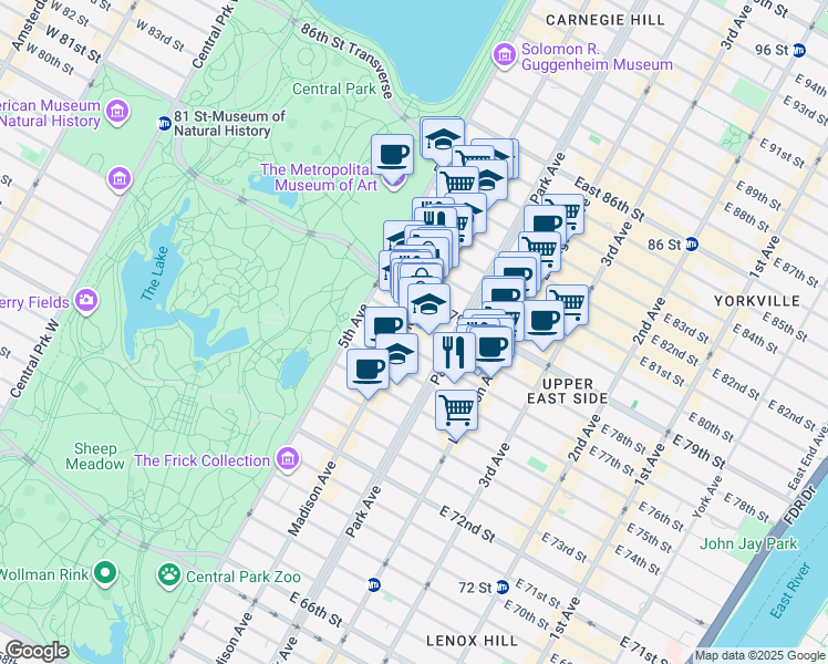 map of restaurants, bars, coffee shops, grocery stores, and more near 1045 Madison Avenue in New York
