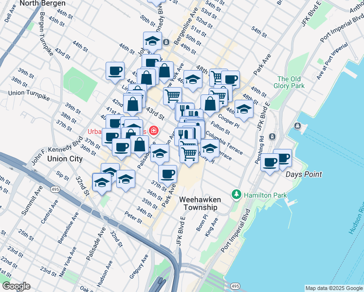 map of restaurants, bars, coffee shops, grocery stores, and more near 115 43rd Street in Union City