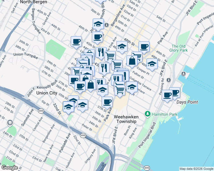 map of restaurants, bars, coffee shops, grocery stores, and more near 203 42nd Street in Union City