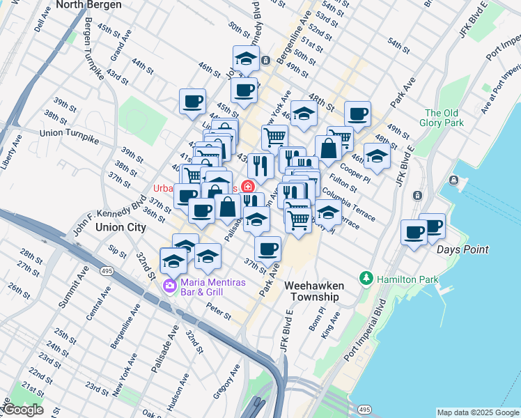 map of restaurants, bars, coffee shops, grocery stores, and more near 203 42nd Street in Union City