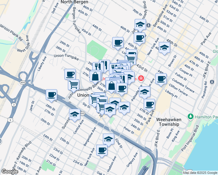 map of restaurants, bars, coffee shops, grocery stores, and more near 534 38th Street in Union City