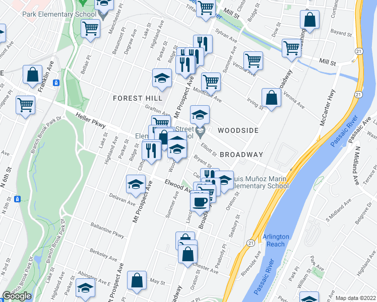 map of restaurants, bars, coffee shops, grocery stores, and more near 706 Summer Avenue in Newark