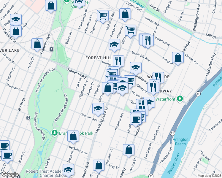 map of restaurants, bars, coffee shops, grocery stores, and more near 690 Mount Prospect Avenue in Newark